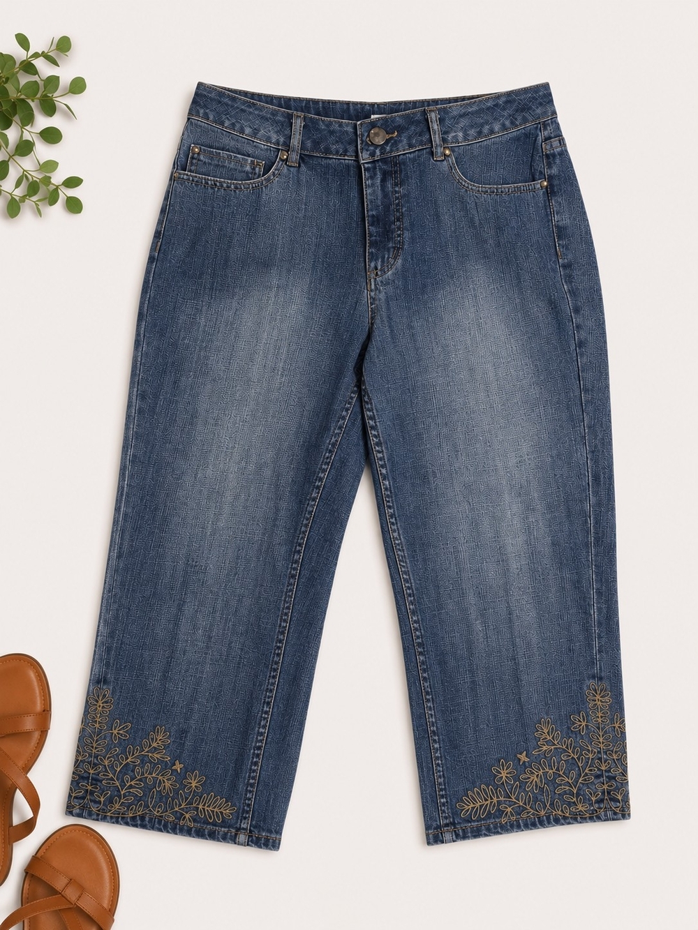 Coldwater Creek Blue Capri Jeans with Gold Embroidery